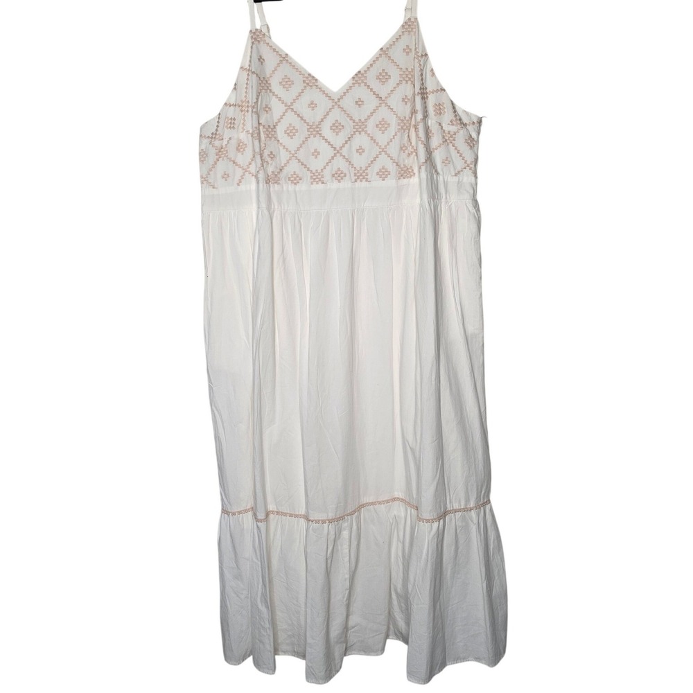 Ava & Viv Dress Womens 4X White Embroidered Midi Smocked Tiered Cotton Boho